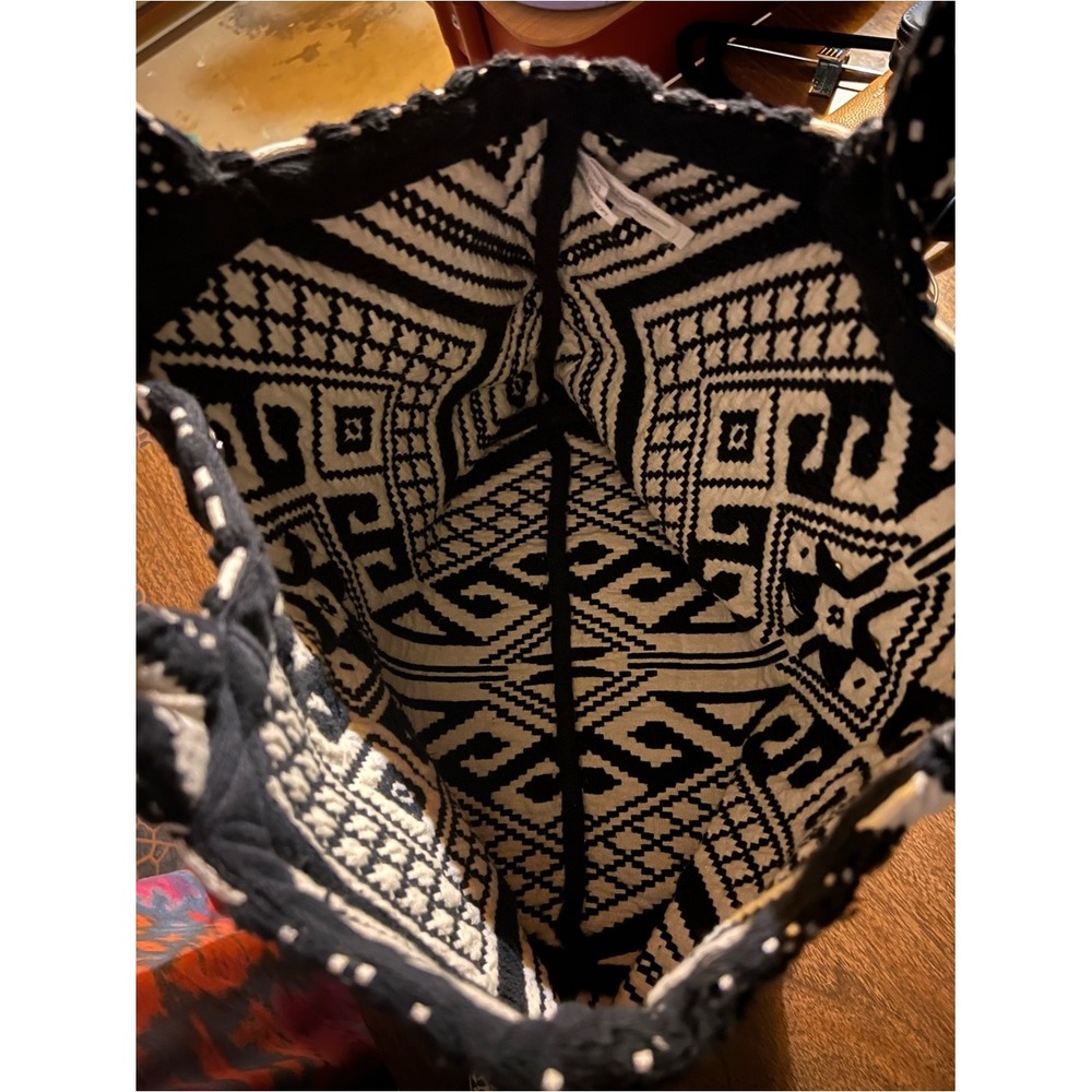 Festival LOFT Woven Tote Black Cream Geometric Boho Shoulder Bag Large Everyday - Picture 2 of 10